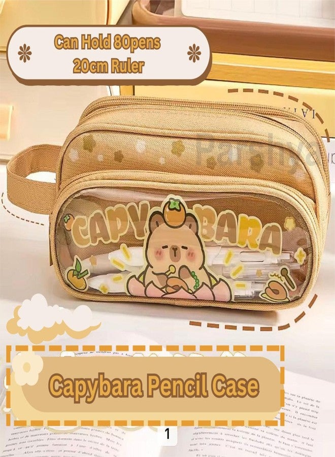 Parshya Canvas Large Capacity Transparent Cartoon Print Pencil Case 3 Layer Cute Aesthetic Pencil Case for Girls Multifunctional Stationery Organizer for School Office (Keychain Not Included) - Image 3